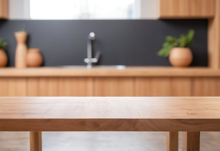 Empty wooden table and blurred kitchen interior background, product display montageの素材