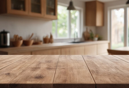 Selected focus empty brown wooden table and Coffee shop blur background with bokeh image. for your photomontage or product displayの素材
