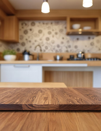 Empty wooden table and blurred kitchen interior background, product display montageの素材