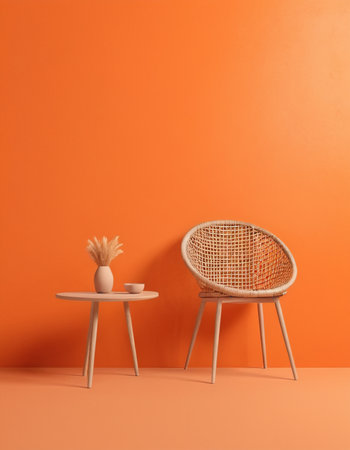 Modern interior design with coffee table and wicker chair. 3d renderの素材