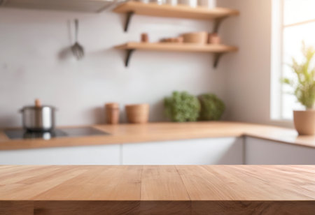 Empty wooden table and blurred kitchen interior background, product display montageの素材