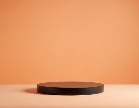3d render of black podium on orange background with copy space.の素材