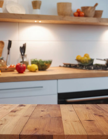 Empty wooden table and blurred background of kitchen interior. Ready for product display montageの素材