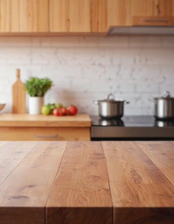 Wooden table in front of blurred kitchen interior. Mock up, templateの素材