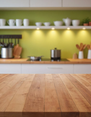 Empty wooden table and blurred kitchen background, product display montage.の素材