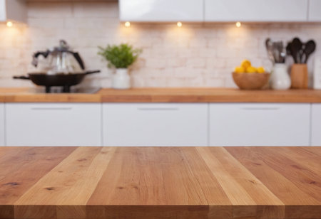 Empty wooden table and blurred kitchen background, product display montage.の素材