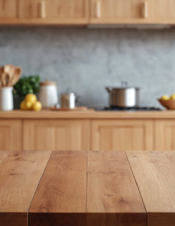 Empty wooden table and blurred kitchen background. Ready for product display montageの素材