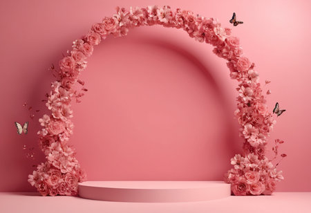 3d render of minimal display podium with pink flowers and butterflies.の素材