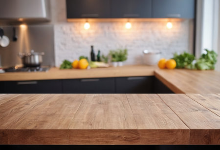 Empty wooden table and blurred background of kitchen interior. For product displayの素材