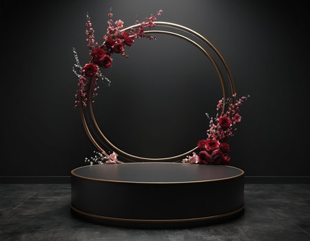 Black podium with red rose flowers on dark background. 3d renderの素材