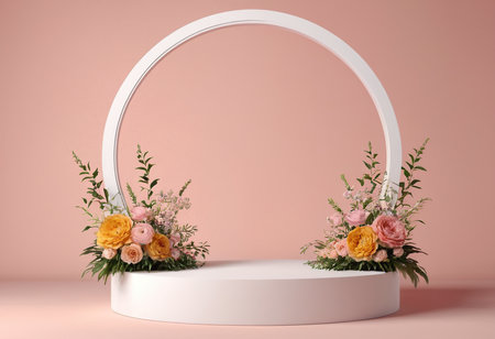 3d render of white round podium with floral decoration for product displayの素材