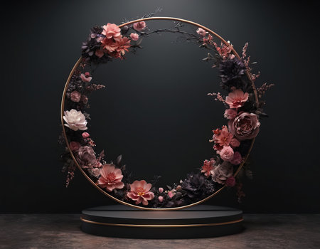 3d render, black pedestal with flowers and leaves, dark backgroundの素材