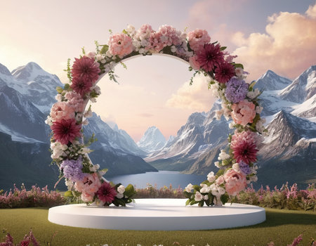 Wedding arch with flowers and mountains background. 3D renderingの素材