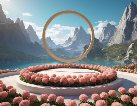 3D render of a round podium with flowers and mountains in the backgroundの素材
