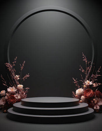 Black podium with flowers and round frame on black background. 3d renderの素材