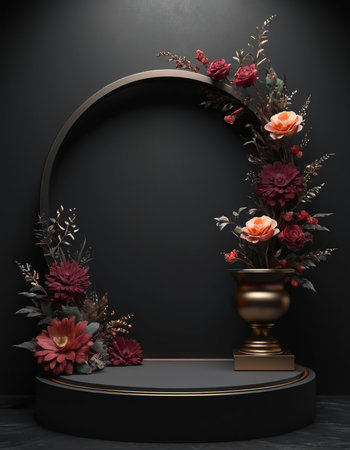 Black podium with floral decoration on black background. 3d render illustrationの素材