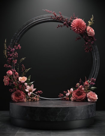 Black marble stage with black frame and floral decoration. 3d renderの素材