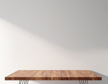 Empty wooden table on white wall background. Mock up, 3D Renderingの素材