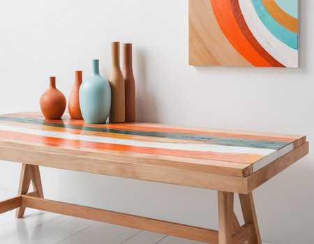Interior of living room with wooden table and vase, stock photoの素材