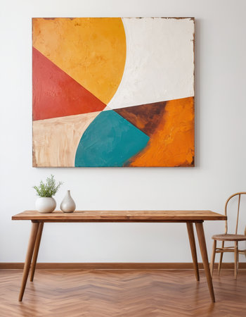 Modern living room interior with a wooden coffee table and a painting on the wallの素材