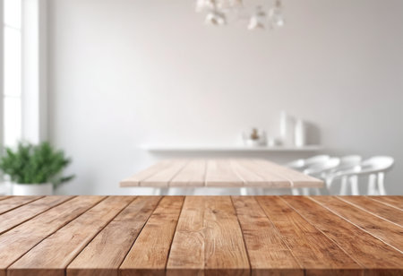 Empty wooden table and blurred kitchen interior background, product display montageの素材