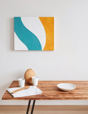 Interior of modern living room with white walls, wooden floor, coffee table with two white plates and abstract painting. 3d renderの素材