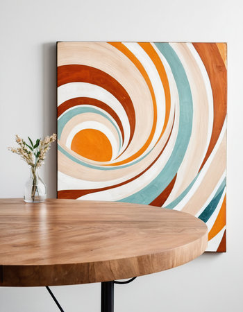 Wooden round table with abstract pattern on white wall, stock photoの素材