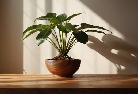 Indoor plant in a wooden pot on a wooden table with sunlightの素材