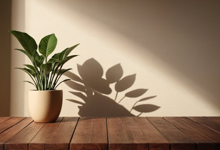 Empty wooden table with green plant in pot on brown wall background.の素材