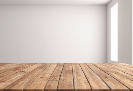 Empty wooden table in front of white wall. 3d rendering mock upの素材
