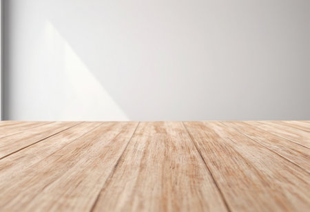 Wooden table top on white wall background - can be used for display or montage your productsの素材