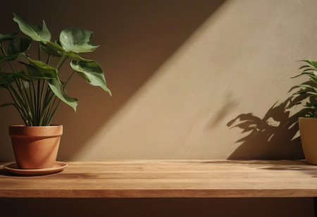Empty wooden table with green plant in pot on brown wall background.の素材