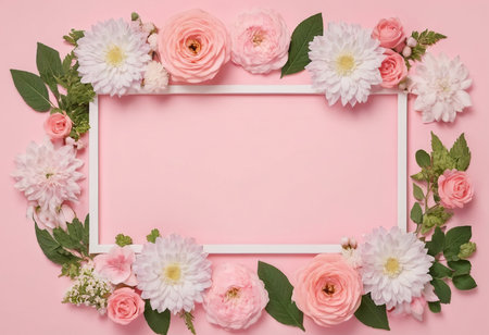 Flowers composition. Frame made of pink flowers on pastel pink background. Flat lay, top view, copy spaceの素材