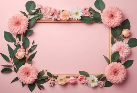 Flowers composition. Frame made of flowers on pink background. Flat lay, top view, copy spaceの素材