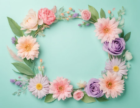 Flowers composition. Frame made of flowers on mint background. Flat lay, top view, copy spaceの素材