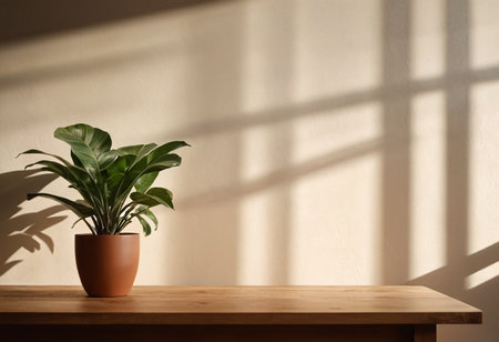 Potted houseplant on wooden table and white wall with sunlight.の素材