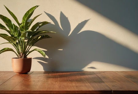 Flower pot on a wooden table in a room with sunlight.の素材