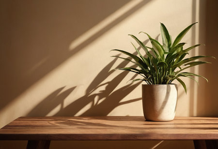Potted plant on wooden table against beige wall with shadow overlayの素材