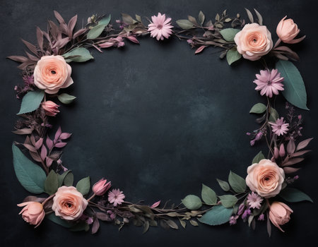 Floral frame on blackboard background. Flat lay, top view.の素材