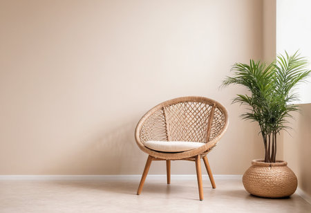 Wicker armchair in living room interior with plant. 3d renderの素材