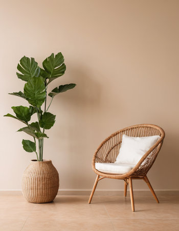 Comfortable wicker chair and green plant on beige wall backgroundの素材