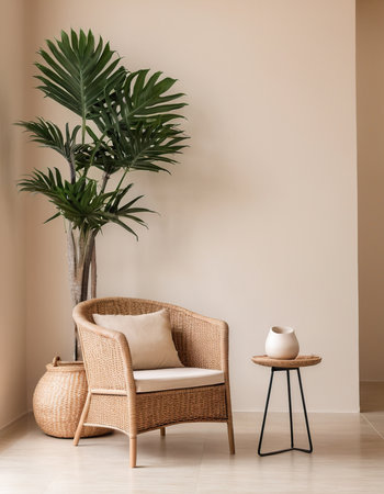 Modern wicker armchair in living room interior with plant on wallの素材