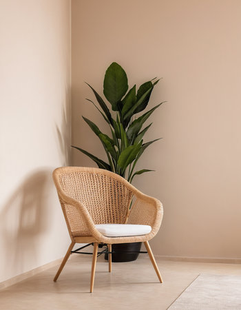 Modern wicker chair with green plant on a beige wall backgroundの素材