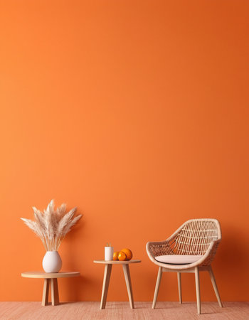 Interior of living room with wicker armchair, table and orange wallの素材