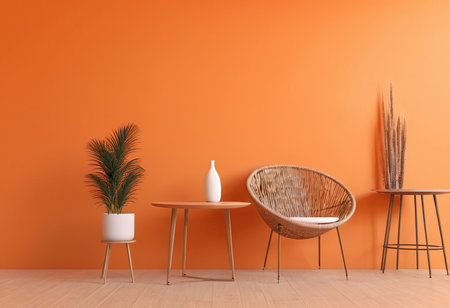 Interior of modern living room with rattan armchair and tableの素材