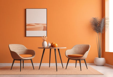 Interior of modern living room with orange walls, concrete floor, orange armchairs and round table with oranges. 3d renderの素材