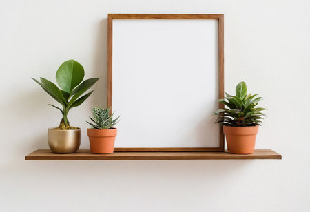 Wooden shelf with plants and blank picture frame on white wall.の素材