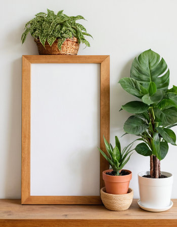 White frame mockup with houseplants on wooden shelf, stock photoの素材