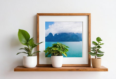 photo frame on the shelf with houseplants and sea view backgroundの素材