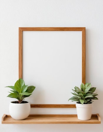 Wooden picture frame mockup with plant in white pot on shelfの素材